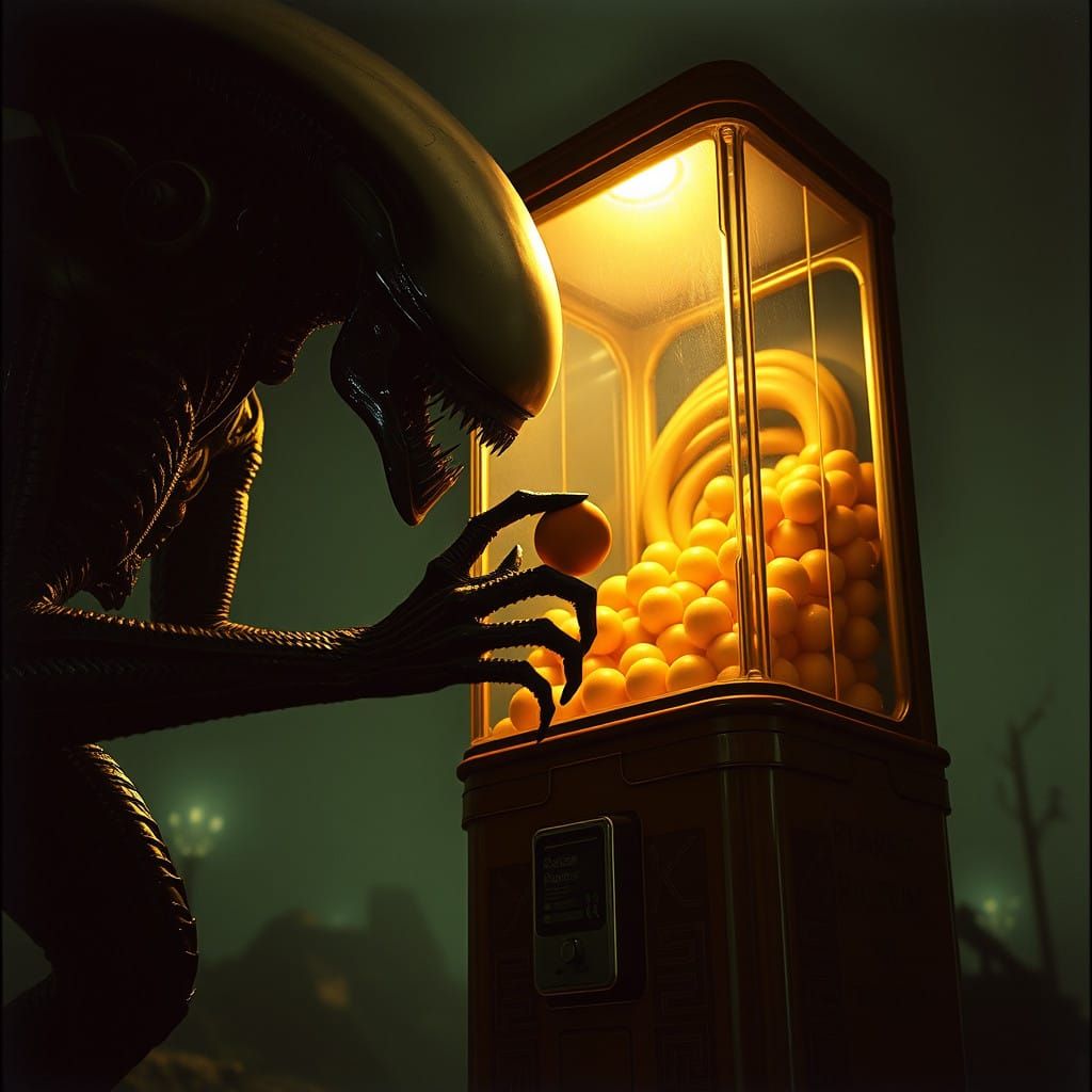 Sinister Xenomorph Confronts Twisted Gumball Machine in Dark...