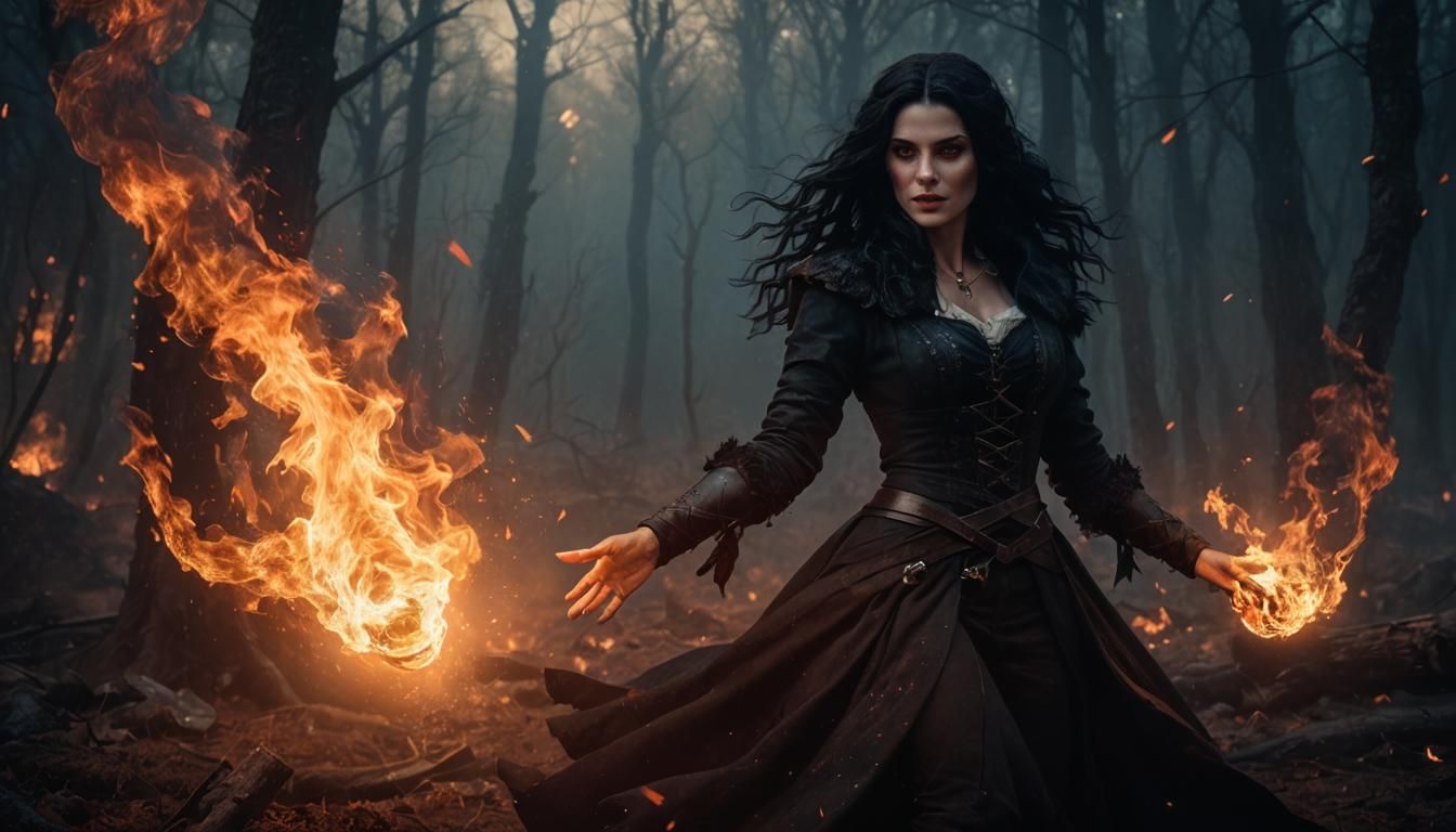 Yennefer Channels Fire Magic in Epic Fantasy Art