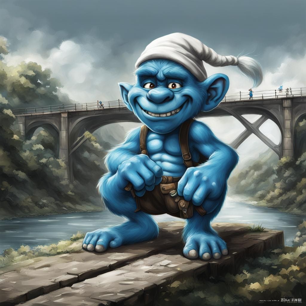 Hyperrealistic Smurf Bridge Troll in Anime Style