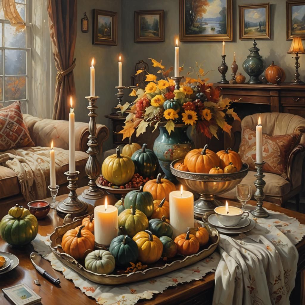 Cozy Still Life Oil Painting with Gourds and Candles