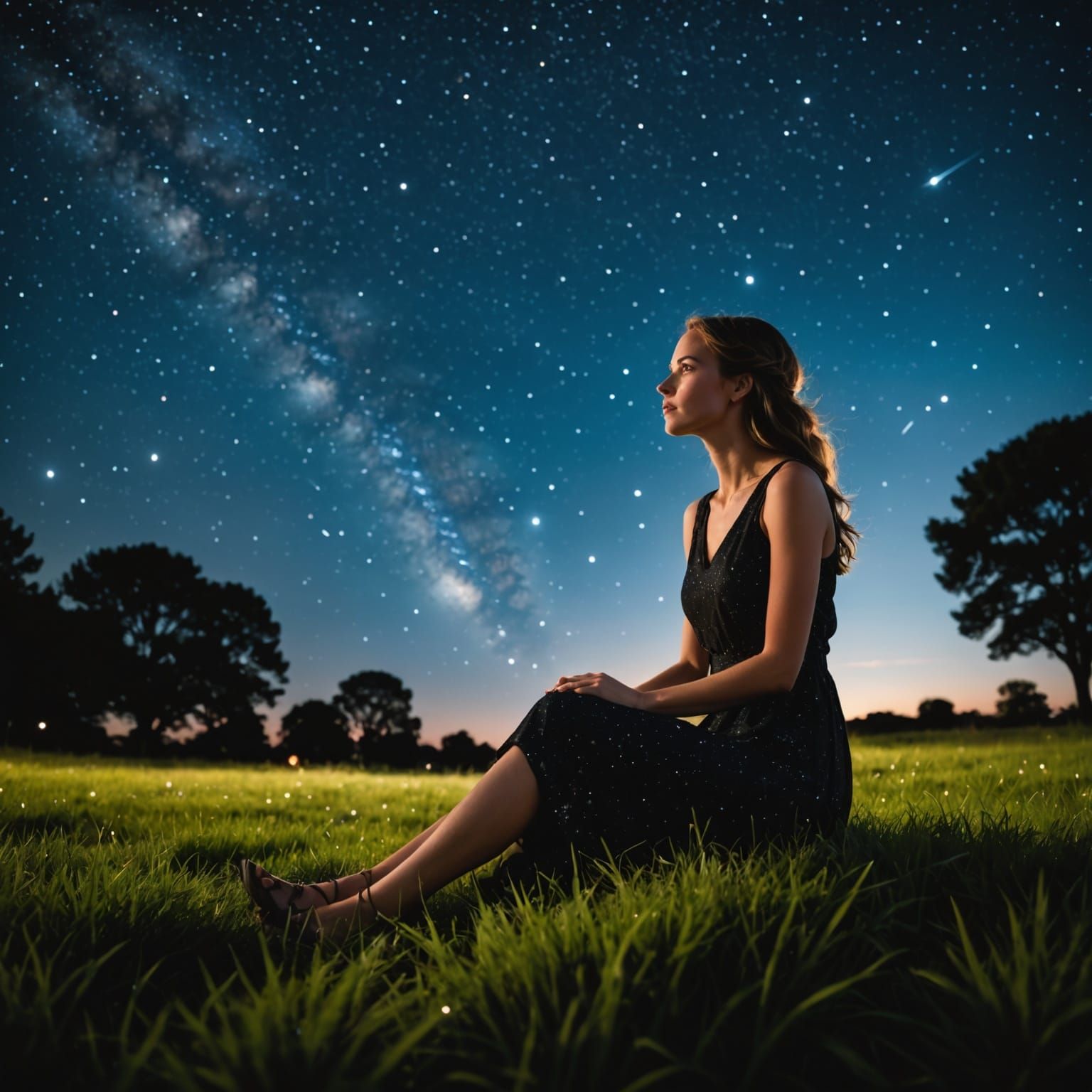 Woman Gazing at Starry Night Sky Silhouette