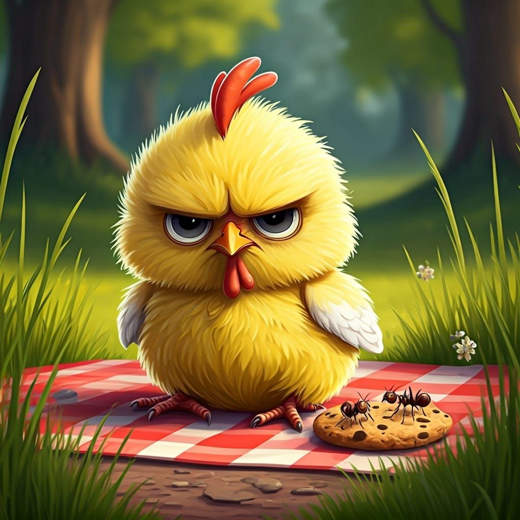 Grumpy Chick at Picnic, Watercolor Style