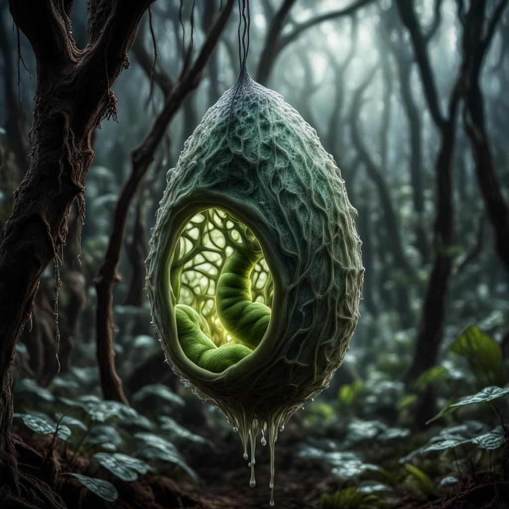 Fantasy Cocoon Lifeforms Emergence in Hyperrealistic Style