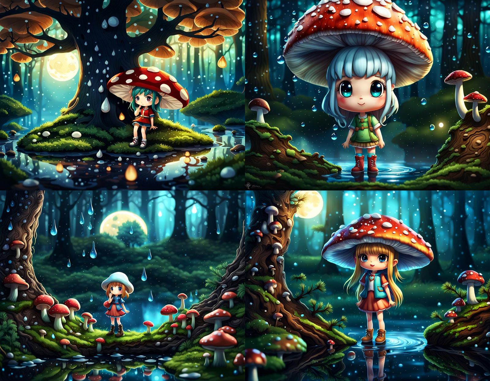 Mushroom Chibi Girl in Moonlit Forest