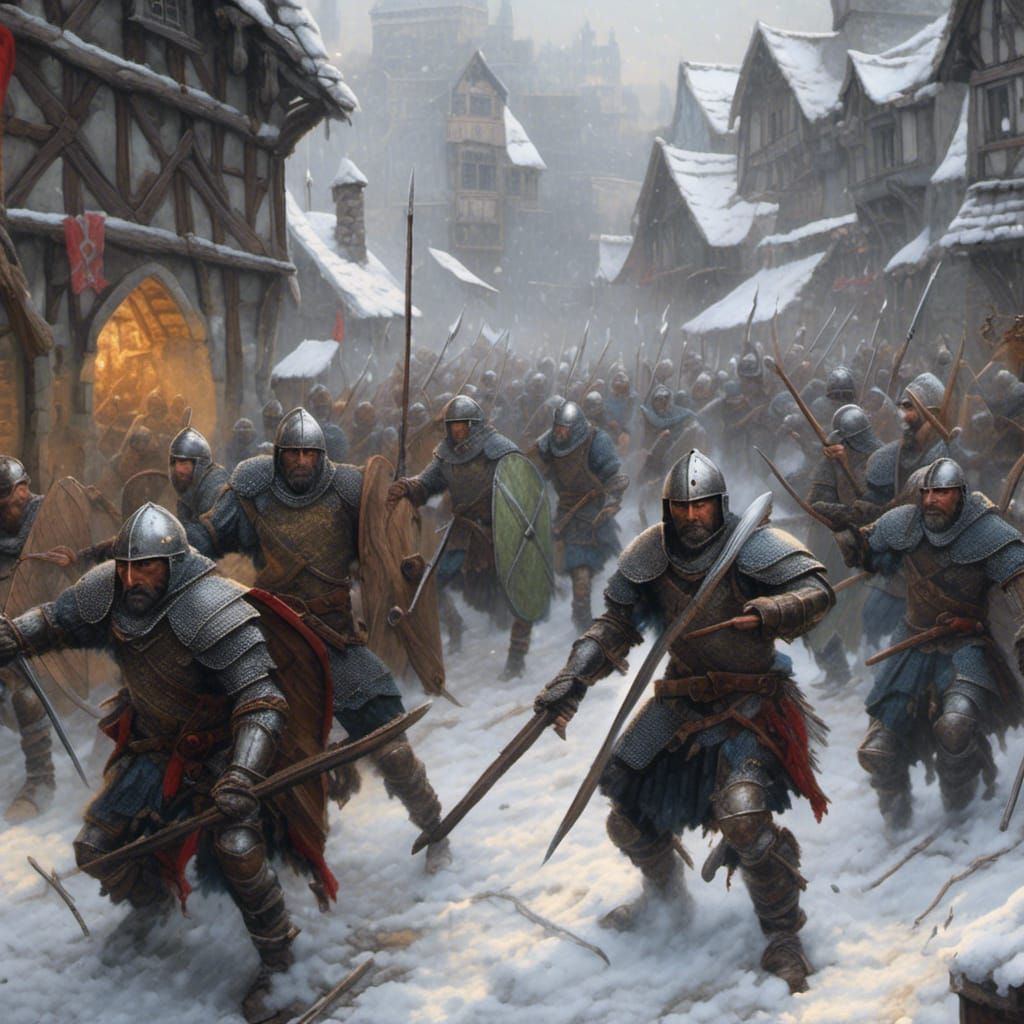 Hyperrealistic Medieval Soldiers Charge in Snowy Town