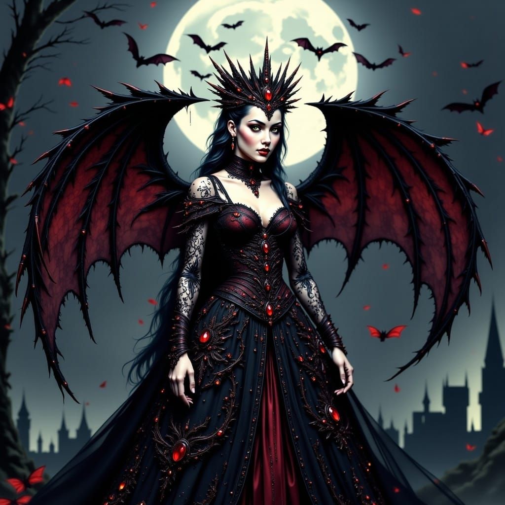 Gothic Vampire Queen with Bat Wings and Ruby Tiara