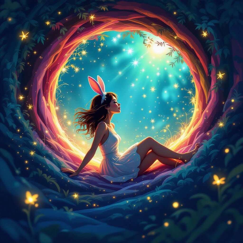 Whimsical Woman's Descent into a Surreal Rabbit Hole