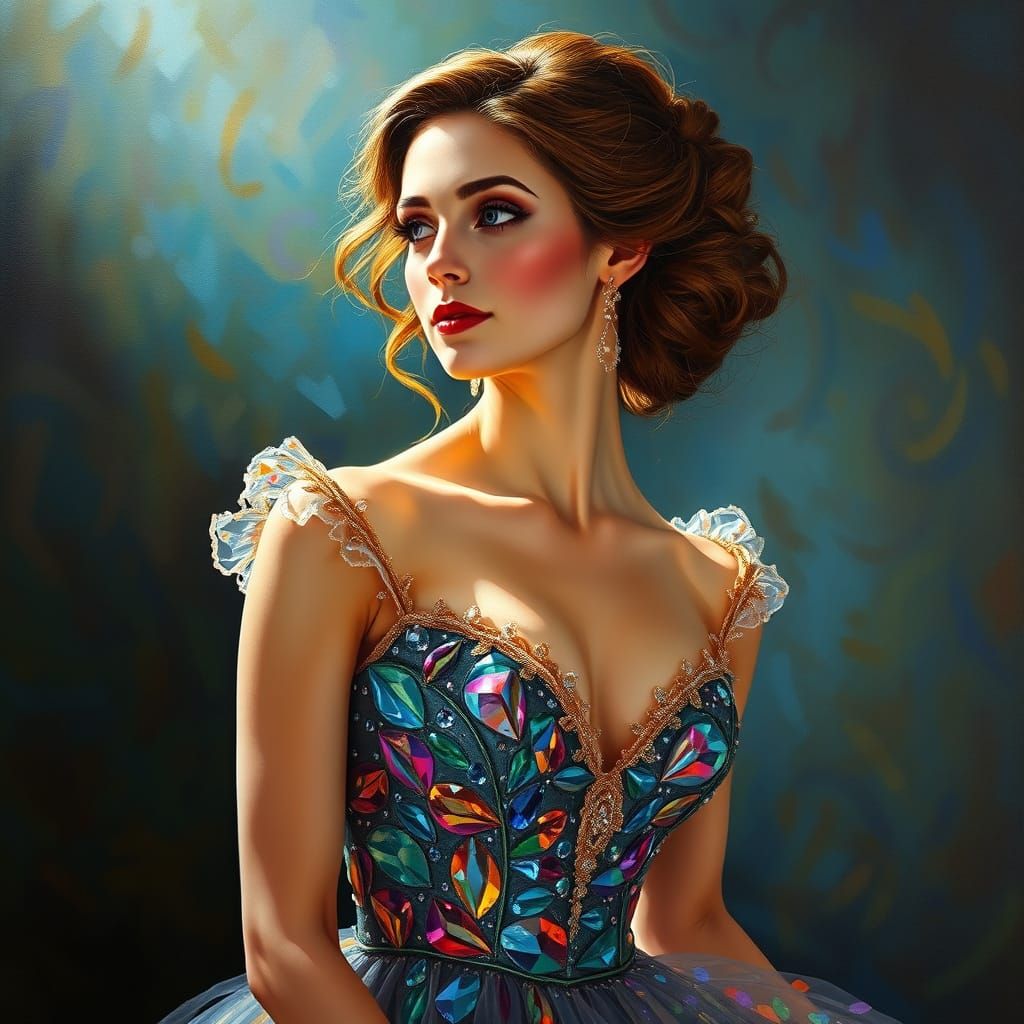 Elegant Woman in Shimmering Glass Ball Gown