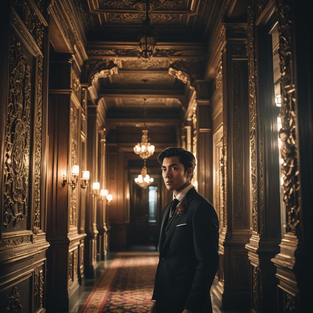 Moody Portrait in Dimly Lit Hallway