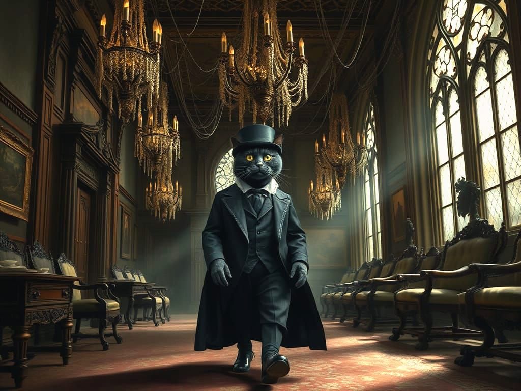 Gothic Cat Explores His Dark, Ornate Mansion