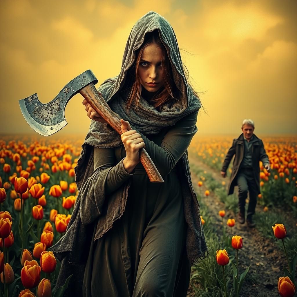 Ethereal Woman Stalks Man with Axe in Tulip Field