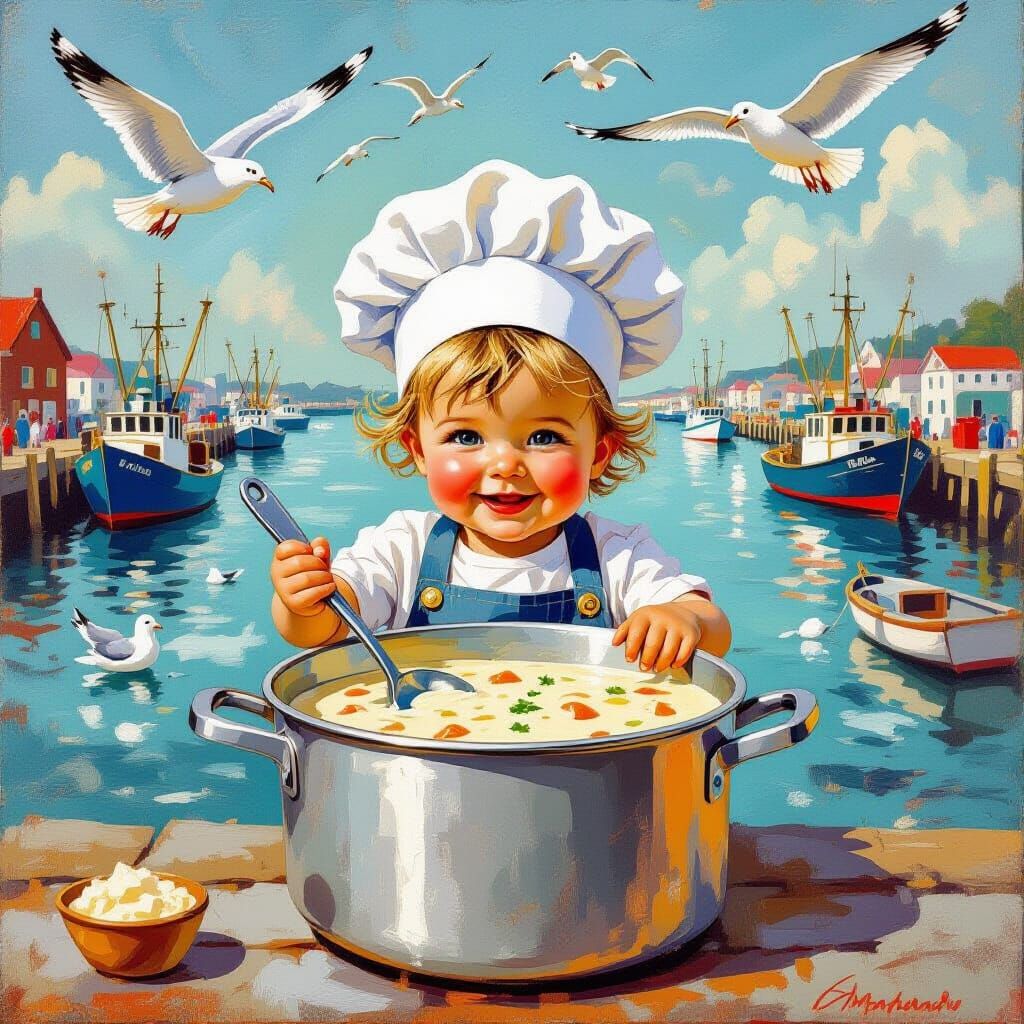 Toddler Chef Cooks Clam Chowder: Vintage Travel Poster