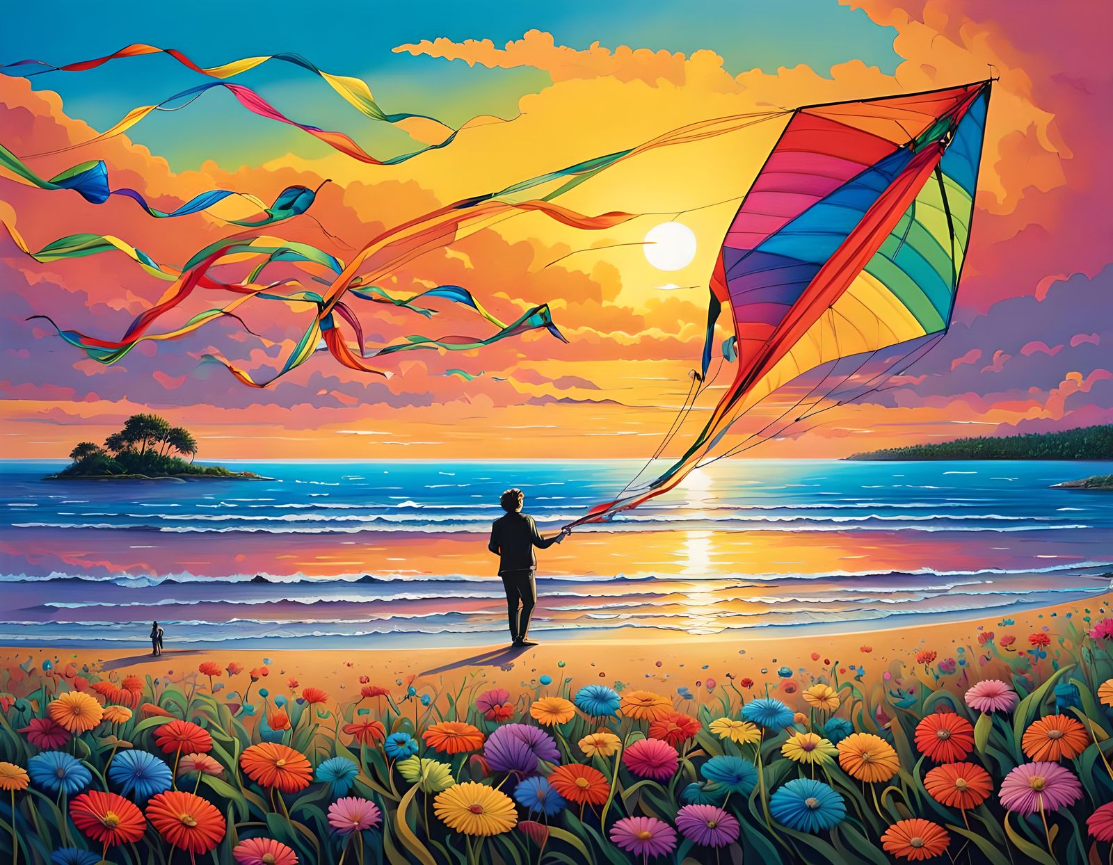Rainbow Kite Flying on Lakeside Beach at Dawn