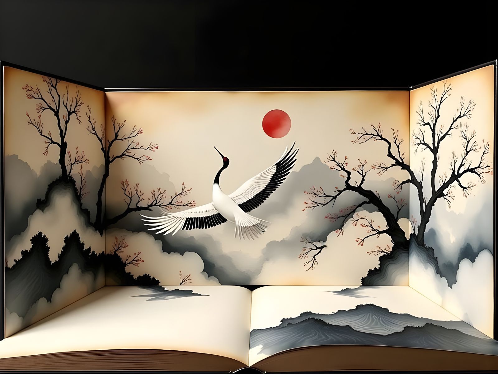 Chinese Misty Landscape Pop-Up Book: Crane at Sunrise