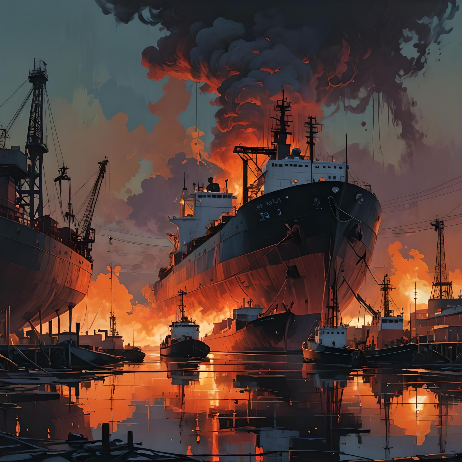 Burning Oil Tanker: Impressionist Watercolor at Night