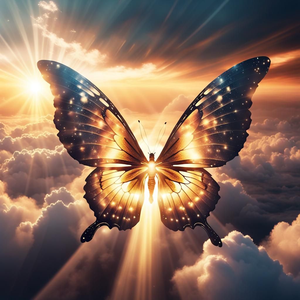 Mystical Butterfly with Galactic Wings at Sunset