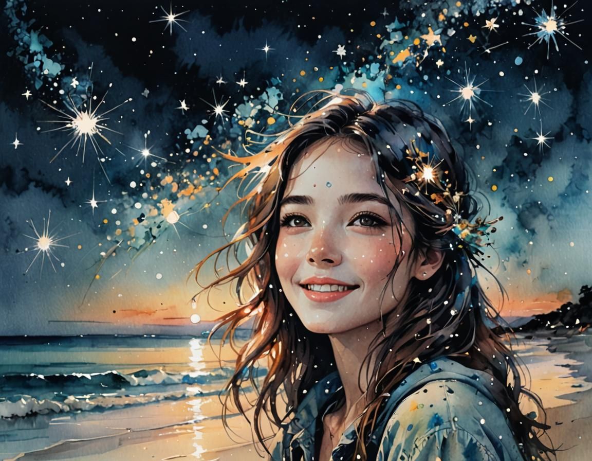 Peaceful Girl Watches Twinkling Starry Night Watercolor
