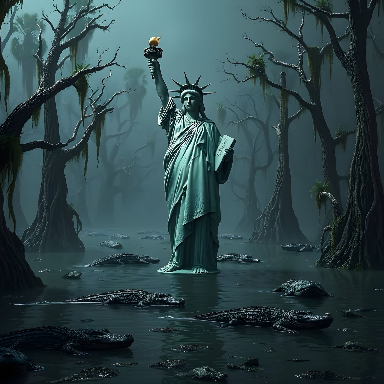 Statue of Liberty in Alligator Swamp: Cinematic Photorealism