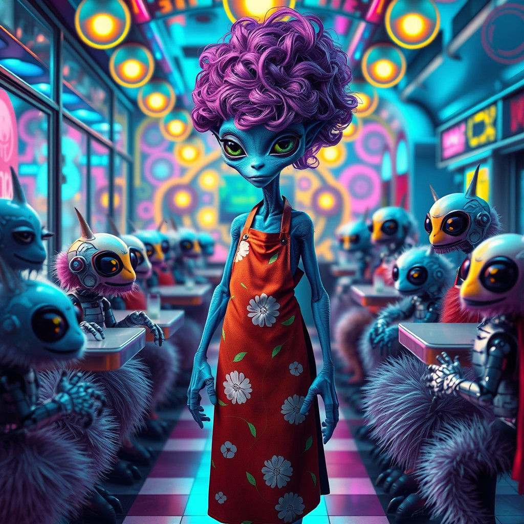 Whimsical Blue Alien in Futuristic Diner