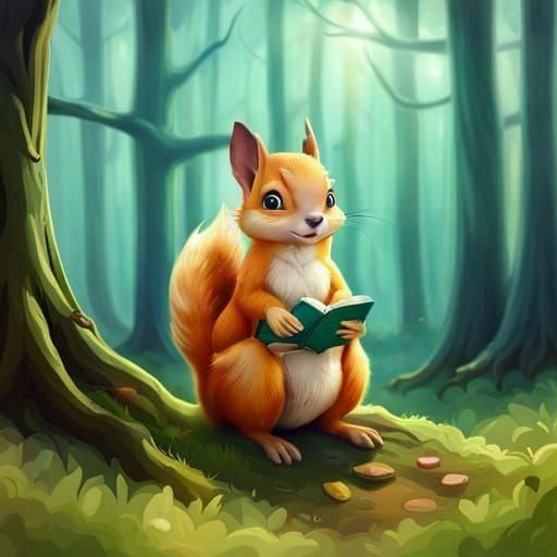 Adorable Squirrel Reads Book in Storybook Forest