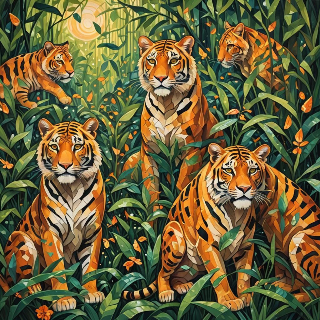 Cubist Felines in Amazon Forest, Neo-Cubism Style