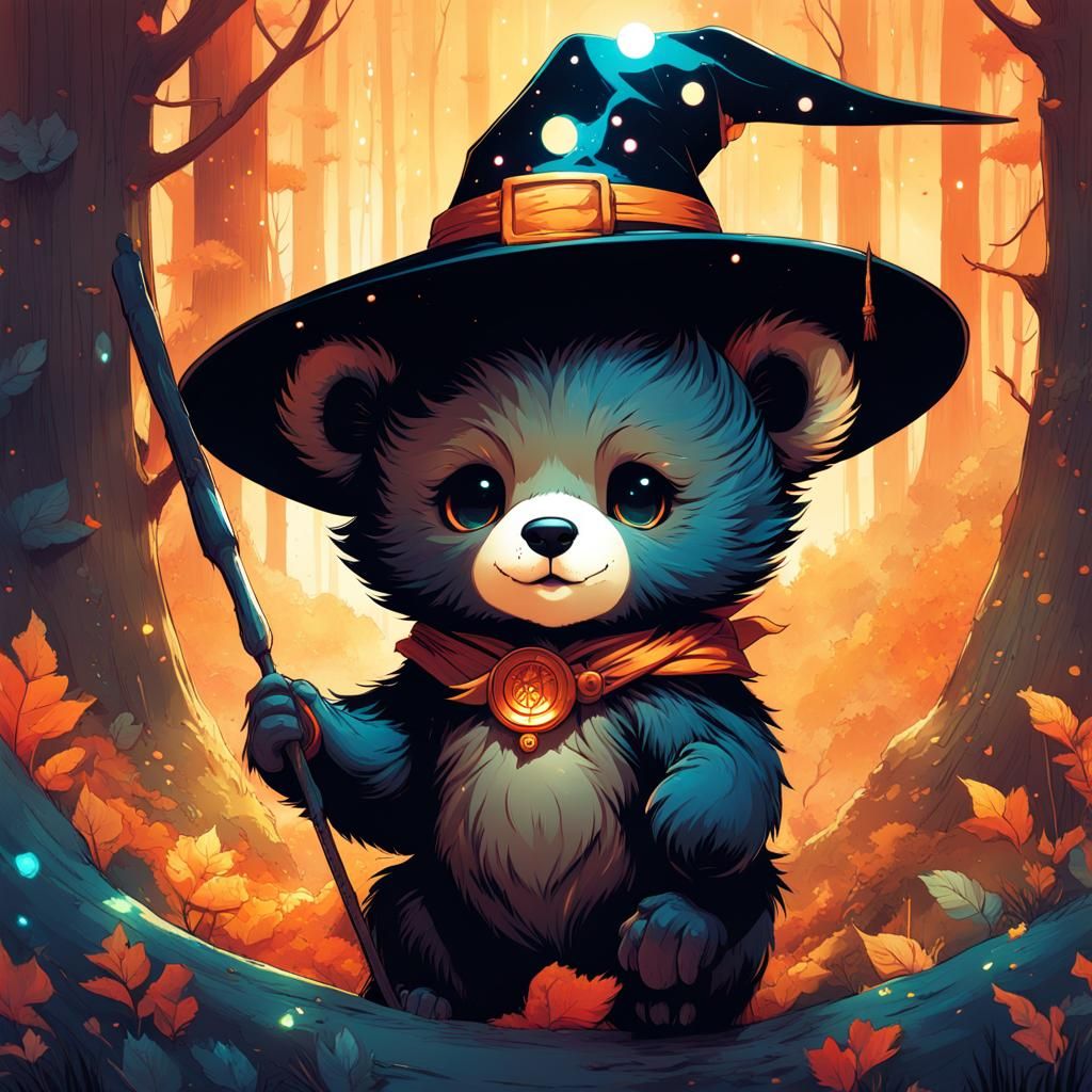 Adorable Bear Cub Witch in Anime Space Style