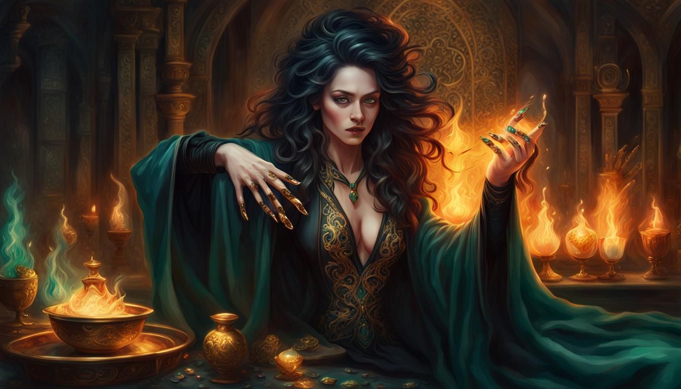 Inticate detail. Black magic woman with long black finger na...