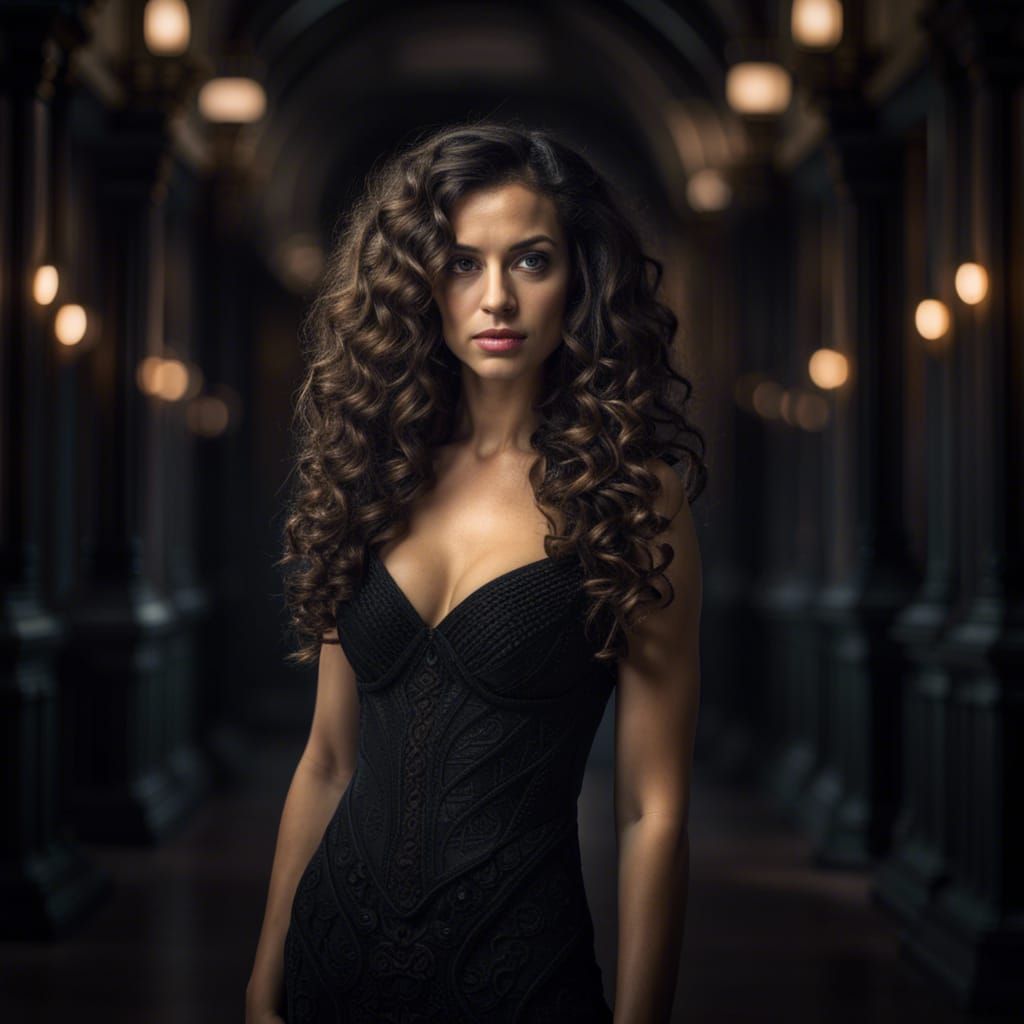 Beautiful Brunette in Black Dress: Hyperrealistic Image