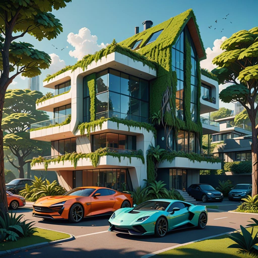 Surreal Futuristic Chibi Country Home with Trees and Car
