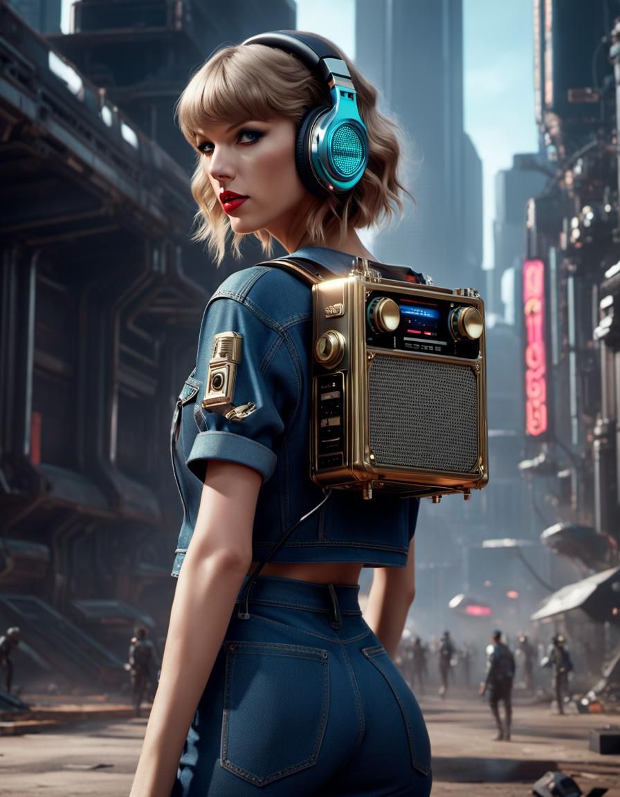 Futuristic Woman with Ghetto Blaster in Sci-Fi City