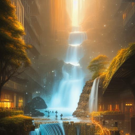 Futuristic City Waterfall in Hyperdetailed Digital Illustrat...