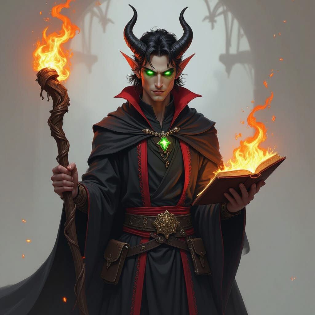 Tiefling Wizard with Fiery Spellbook and Staff
