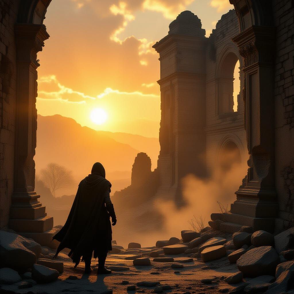 Adventurer at Ruin Precipice in Golden Hour Light