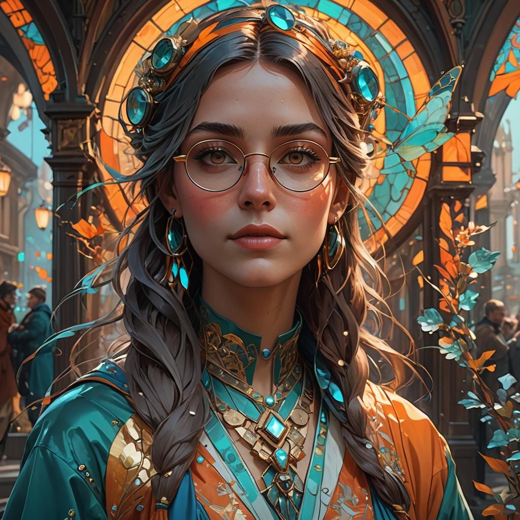 Beautiful Girl with Glasses in Art Nouveau Style