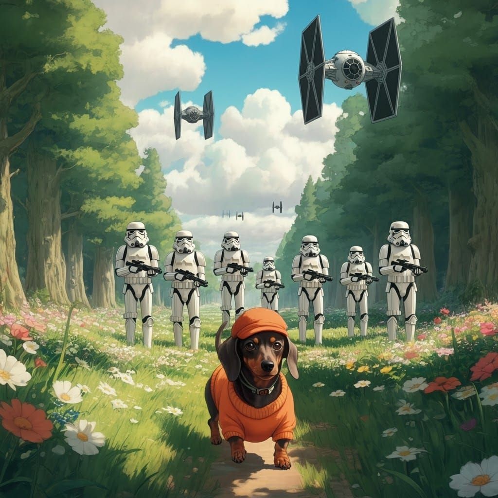 Dachshund and Stormtroopers in Ghibli Style