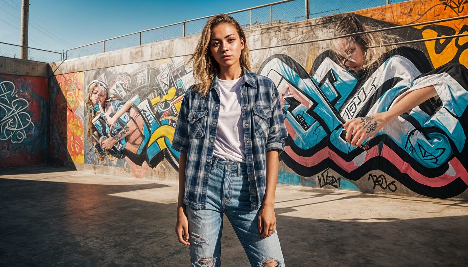 Skater Girl Selfie in 80s Skate Park: Photorealism