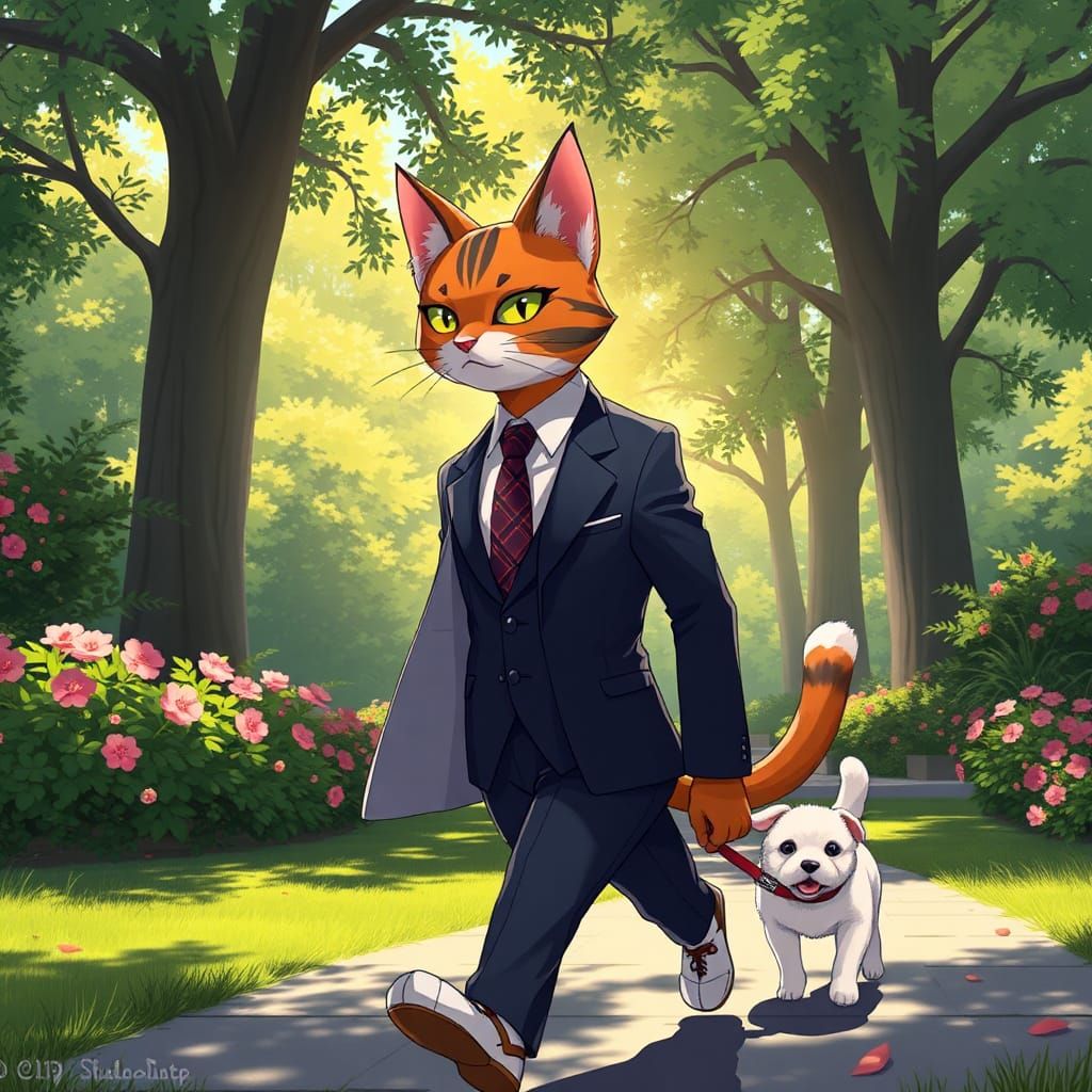 Anthropomorphic Cat Strolling in Park, Anime Style