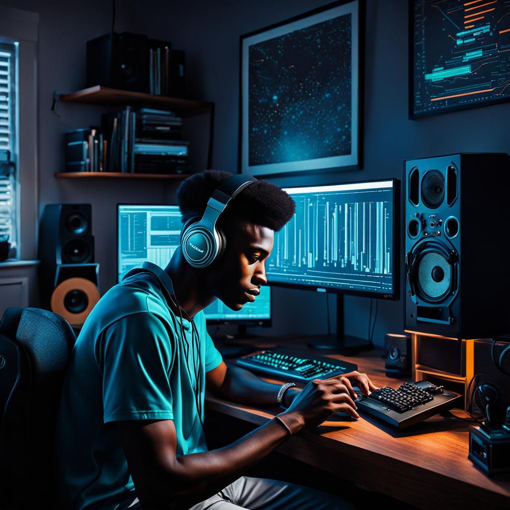 Teenager Working at Computer in Film Noir Style