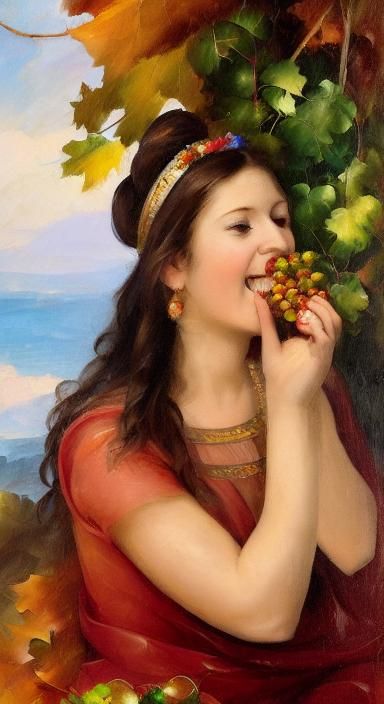 Elf Woman Eating Grapes in Archaic Greek Style