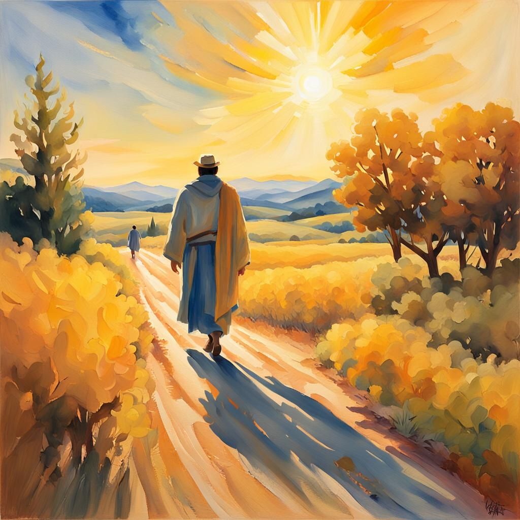 Impressionist Painting: Figure Walking in Golden Light