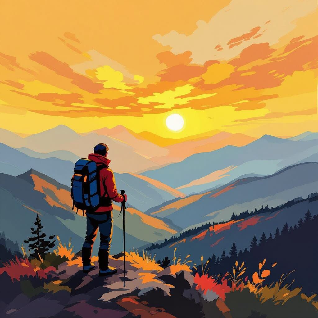 Lone Hiker at Mountain Peak in Fauvist Style