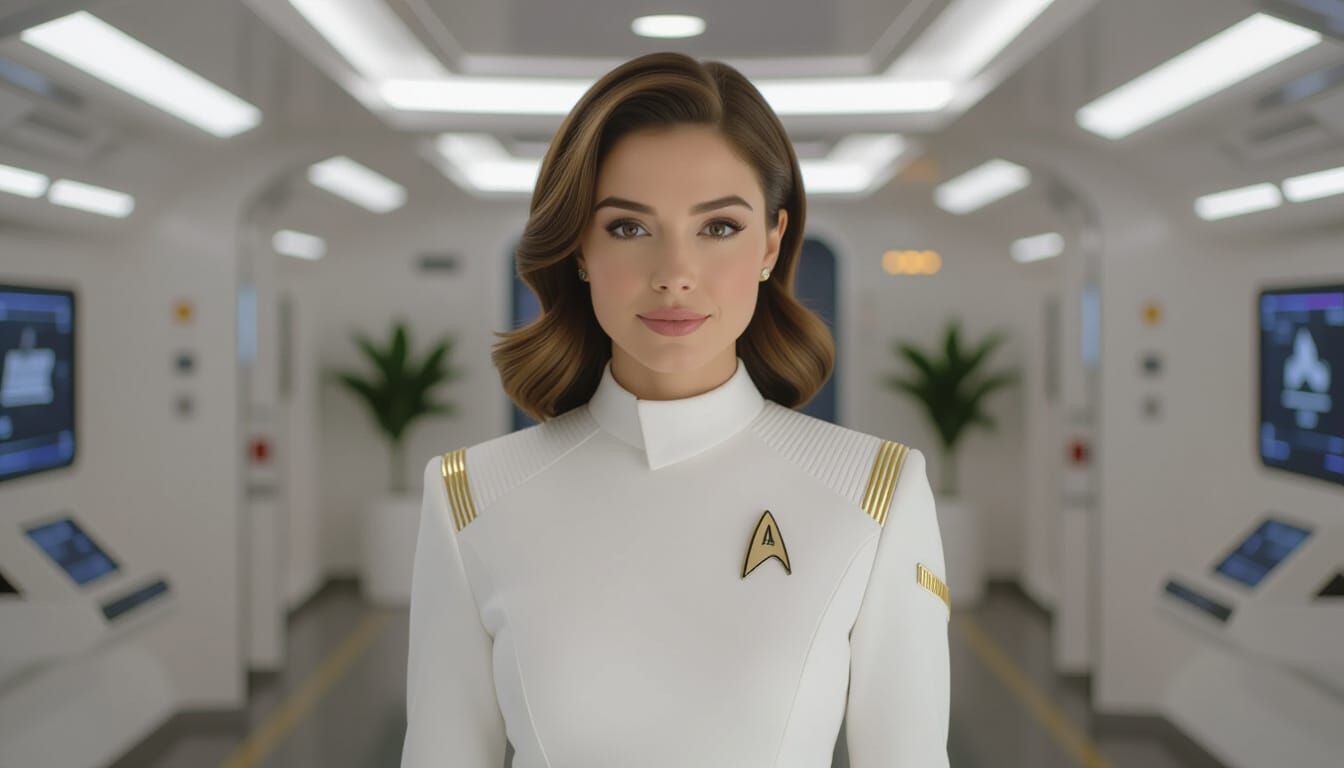 Starfleet Officer in White Uniform in Starship Corridor