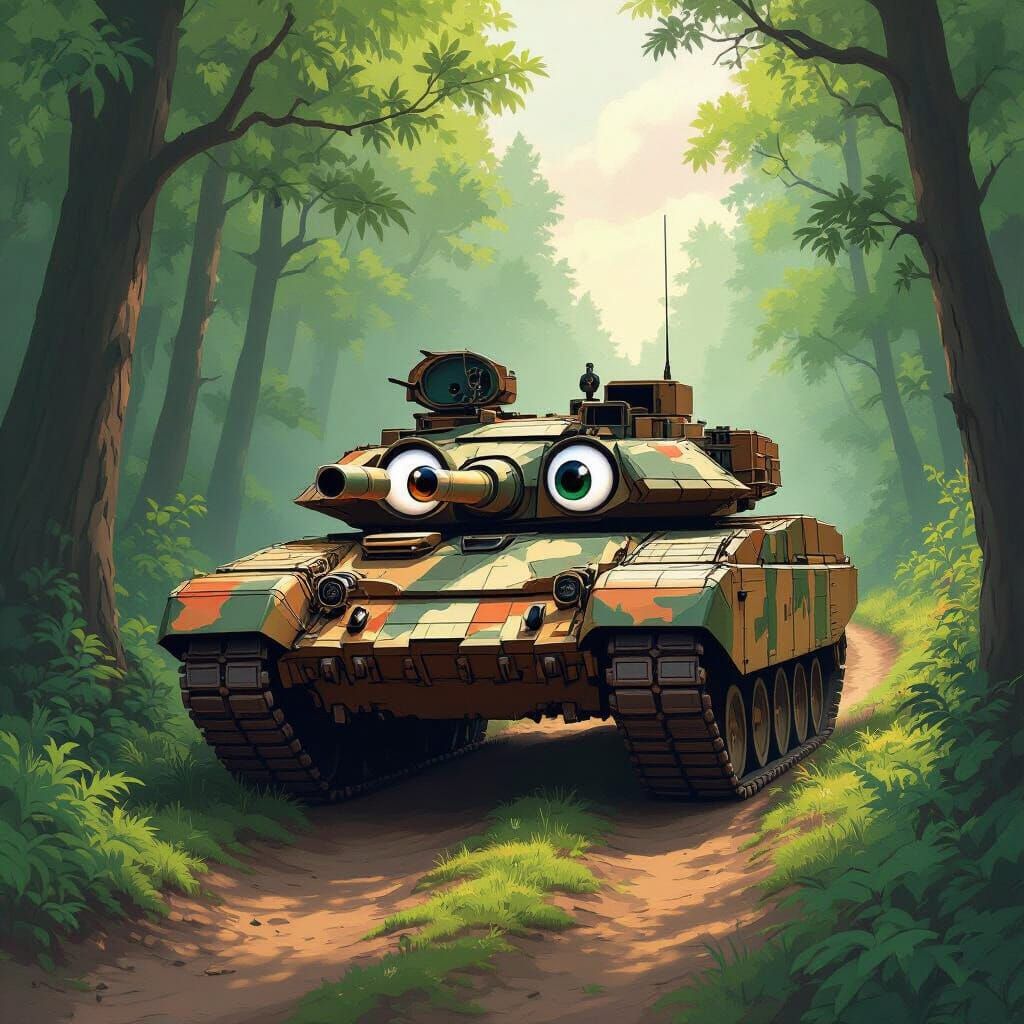 Cartoon-Eyed M1 Abrams Tank in Dense Forest