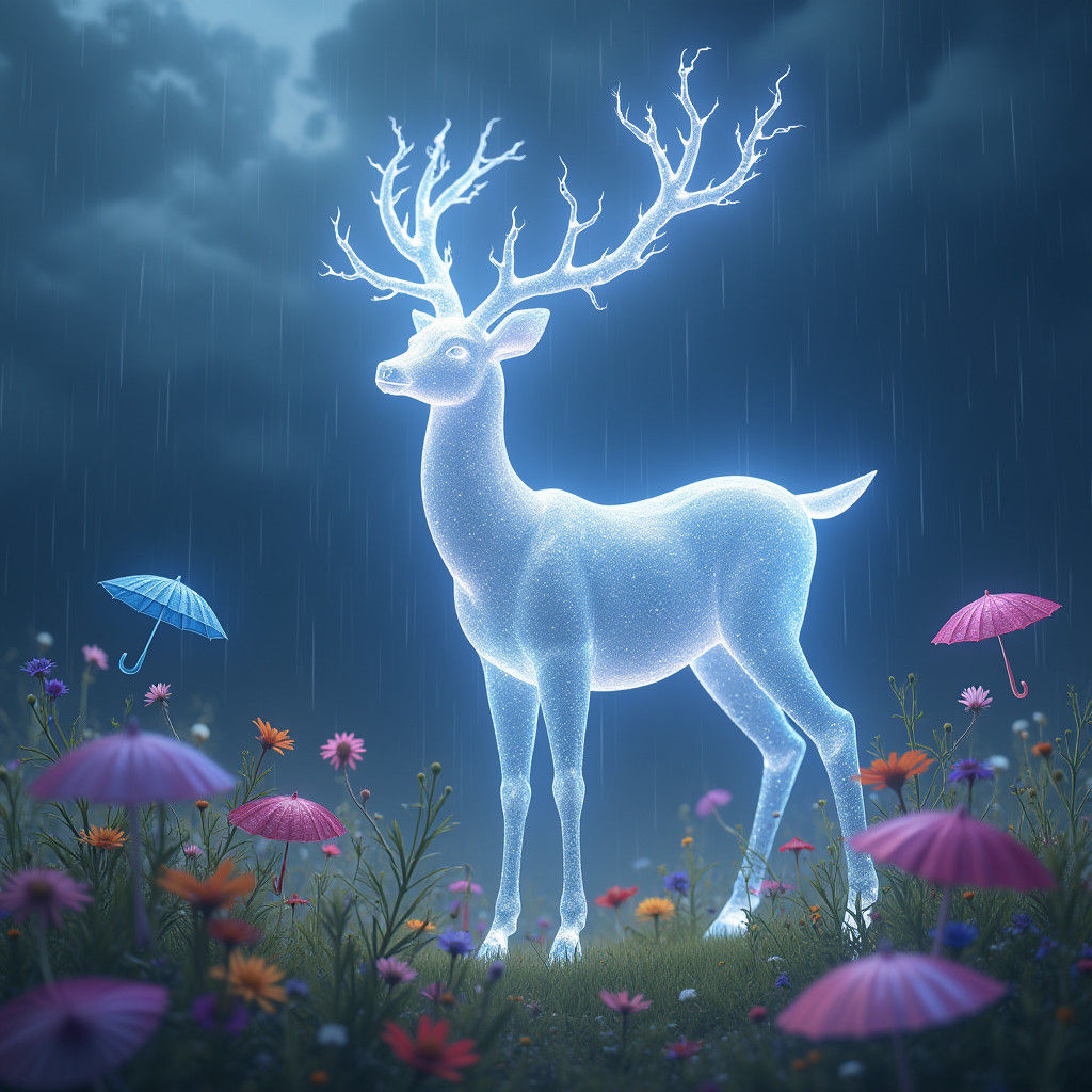 Crystal Raindeer in Stormy Meadow: Fantasy Art