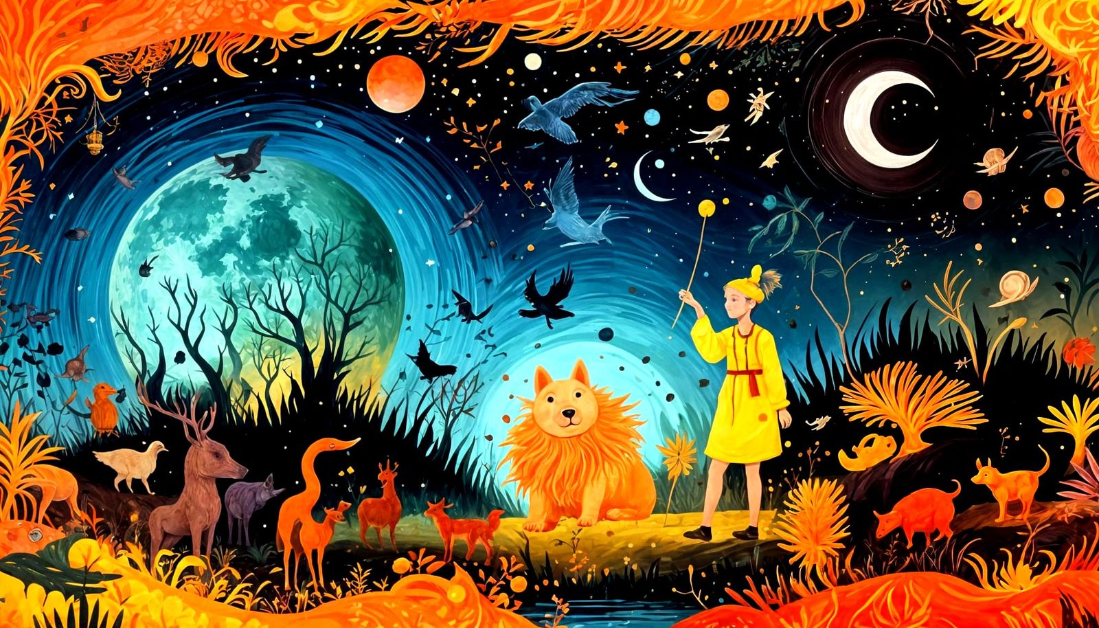 Moonlit Nature Scene with Whimsical Creatures