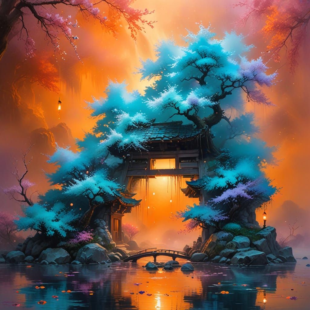 Ethereal Japanese Pagoda Amidst Vibrant Cherry Blossoms