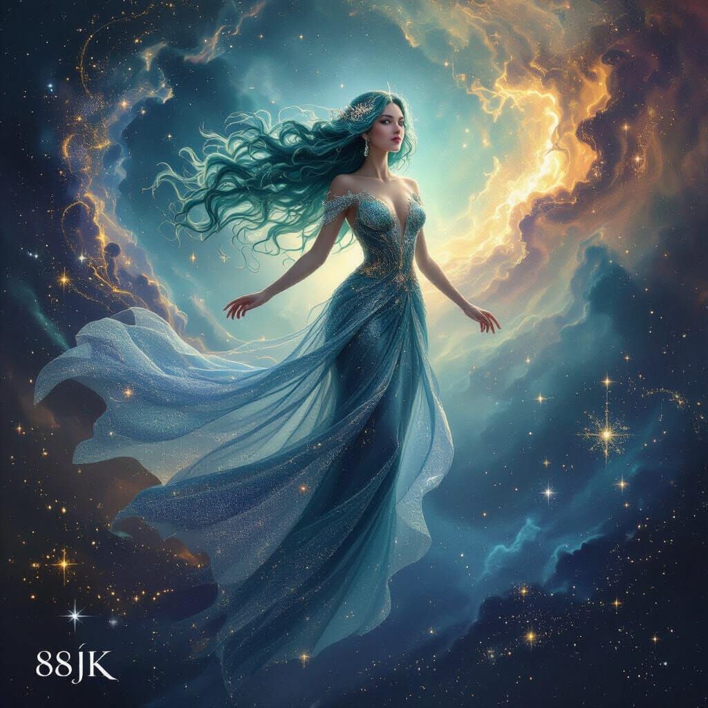 Ethereal Woman in Stardust Gown Amidst Nebula