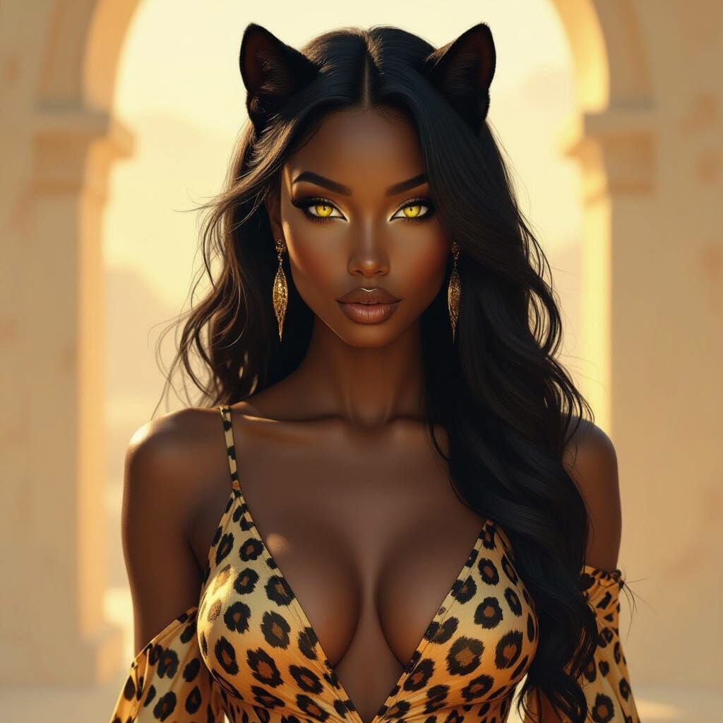 Black Woman with Feline Features in Golden Hour Light
