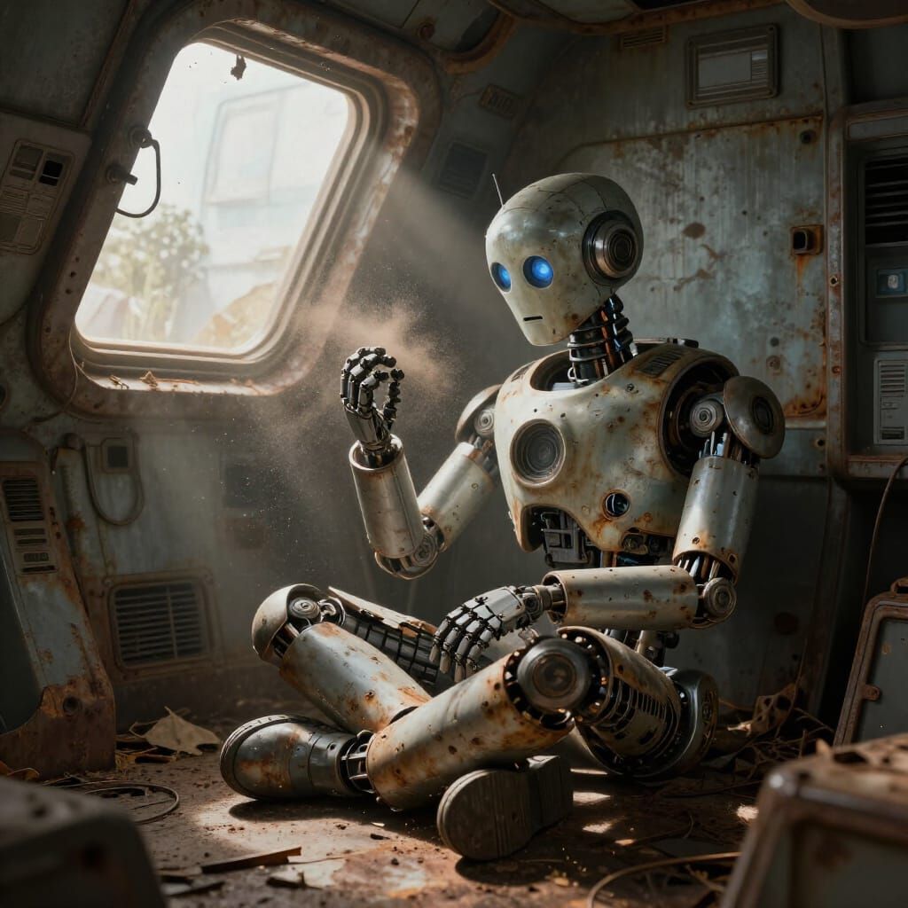 Melancholy Robot Plays in Dusty Spaceship Interior