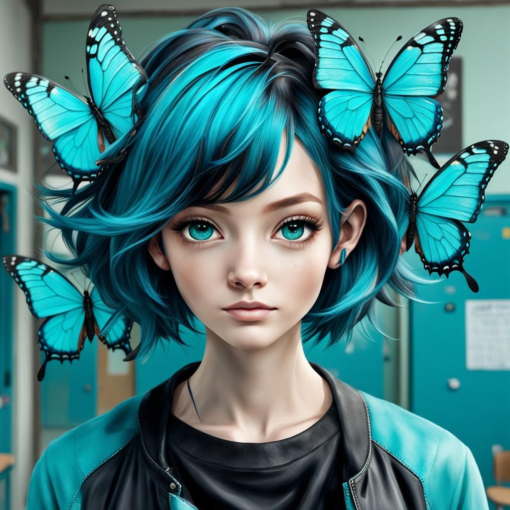Girl with Butterfly Haircut Going to School